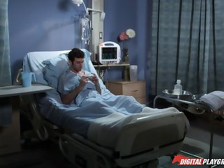 Tight nurse hottie sucks his cock hard and gets pounded on